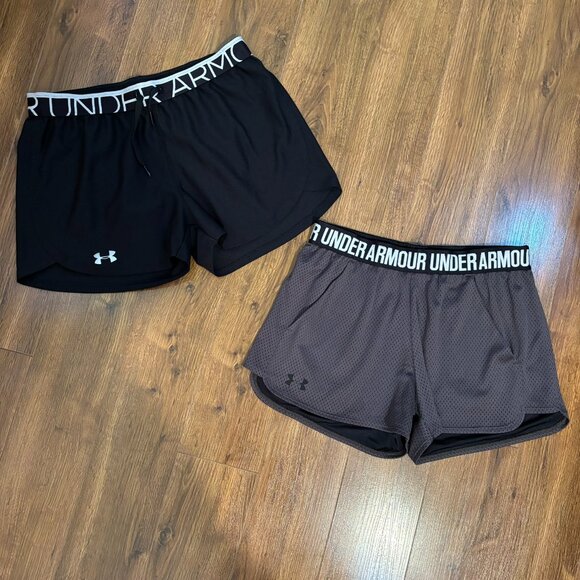 UA Under Armour 2 Pairs Shorts Logo Waistband Gray Black Mesh Draw String S Smal - Picture 1 of 10